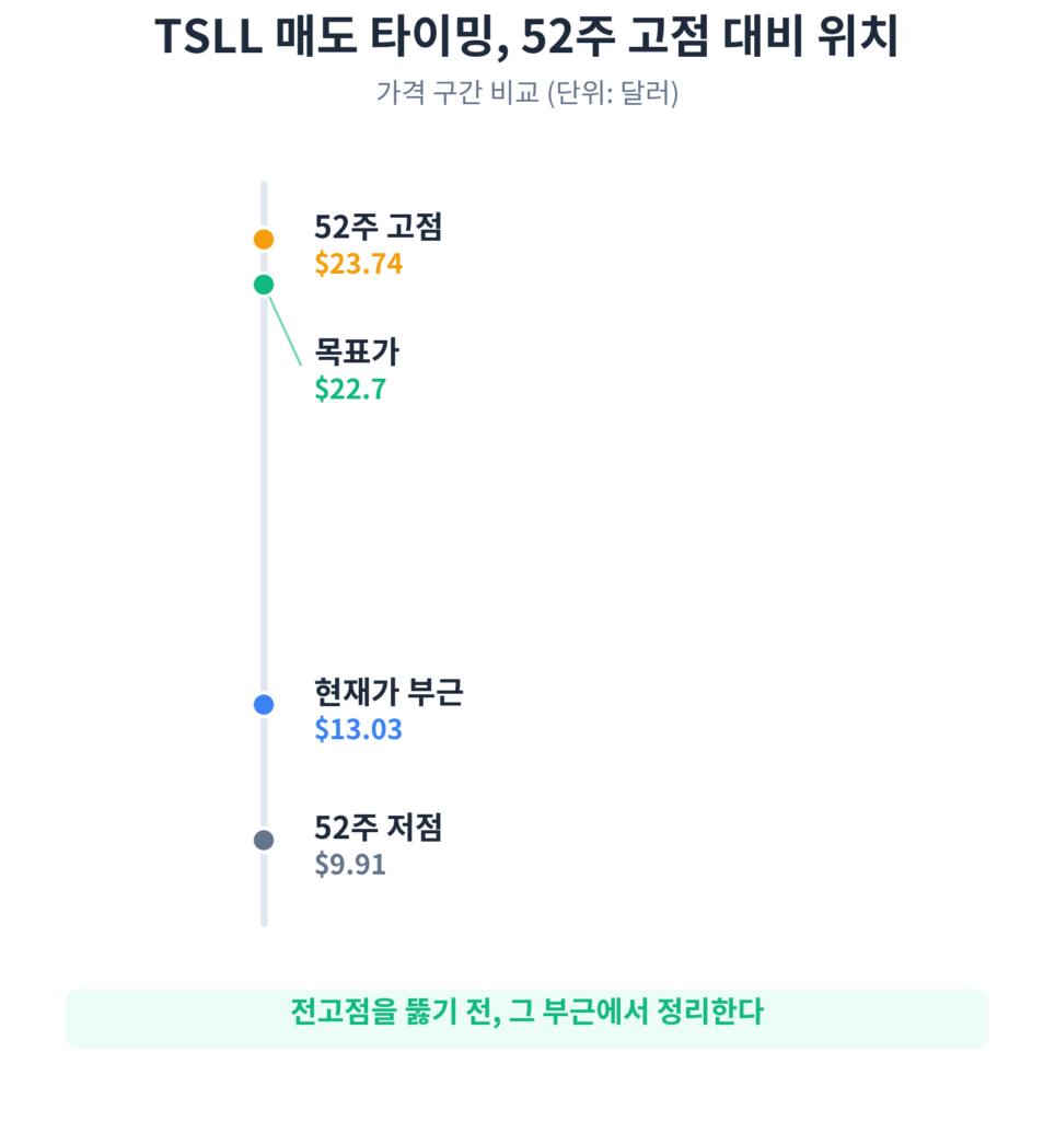 TSLL 매도 타이밍 52주 고점 대비 목표가 인포그래픽