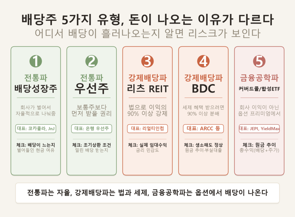 배당주 유형 지도 마스코트 삽화 — 배당집사 캐릭터가 배당성장주·우선주·리츠·BDC·커버드콜ETF 5가지 유형을 하나씩 짚어가며 설명하는 그림