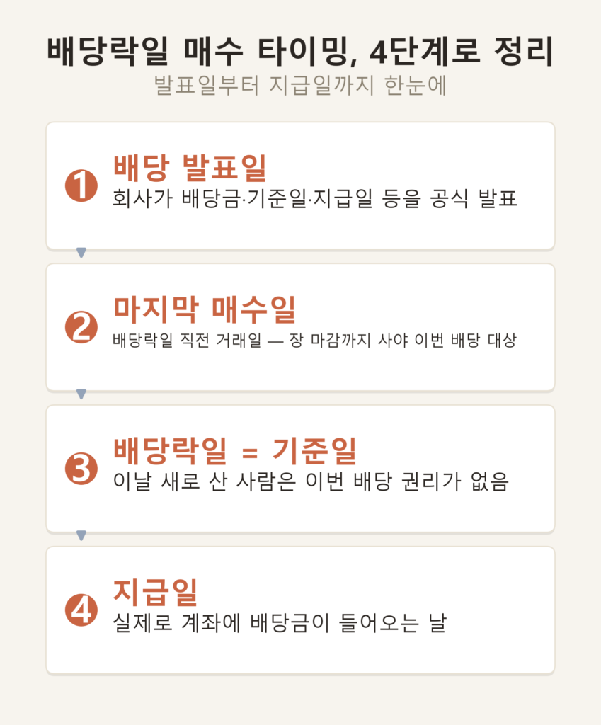 배당락일 매수 타이밍 순서도 인포그래픽 — 배당 발표일부터 지급일까지 4단계와 각 단계에서 매수 시 배당 수령 여부를 보여주는 다이어그램