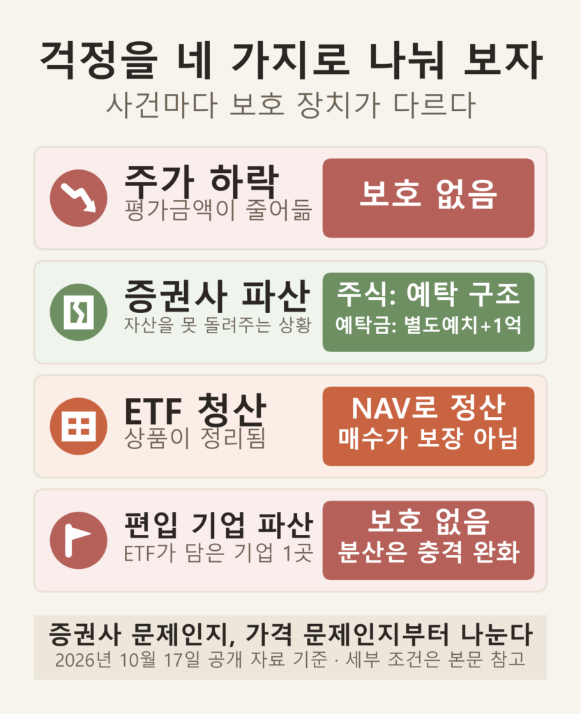 증권사 파산 미국주식 보유자가 구분해야 할 주가 하락, 증권사 파산, ETF 청산, 편입 기업 파산의 네 가지 사건과 각각의 보호 장치를 비교한 인포그래픽