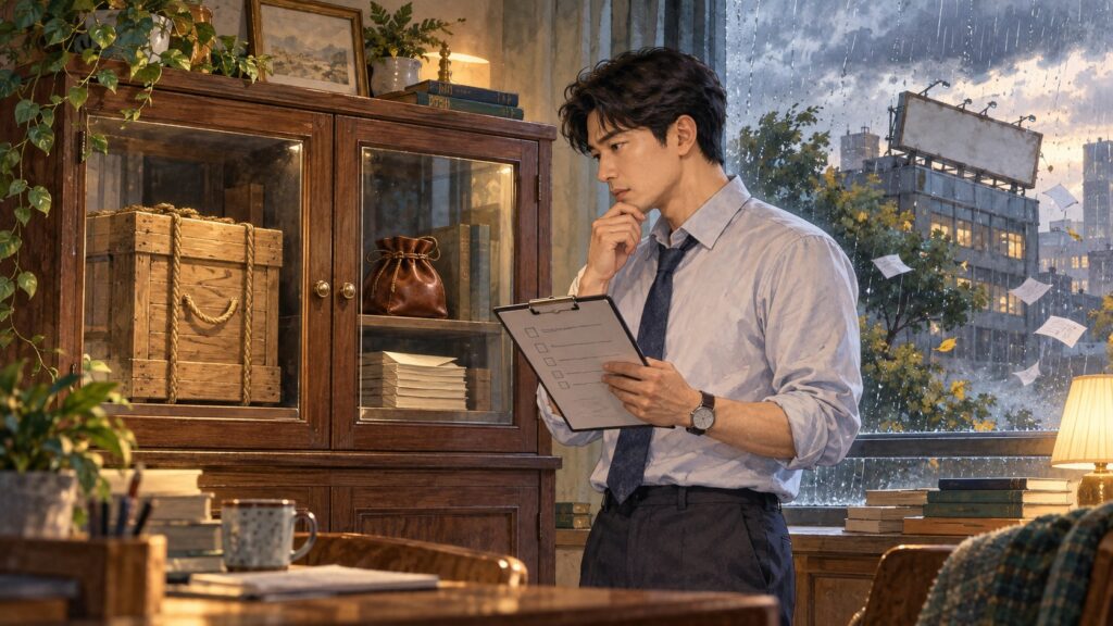 증권사 파산 미국주식 걱정 속에서 비 오는 창가 서재의 유리 보관장 두 칸에 주식 상자와 현금 주머니가 따로 놓여 있고 직장인이 점검표를 들고 차분히 구조를 확인하는 삽화