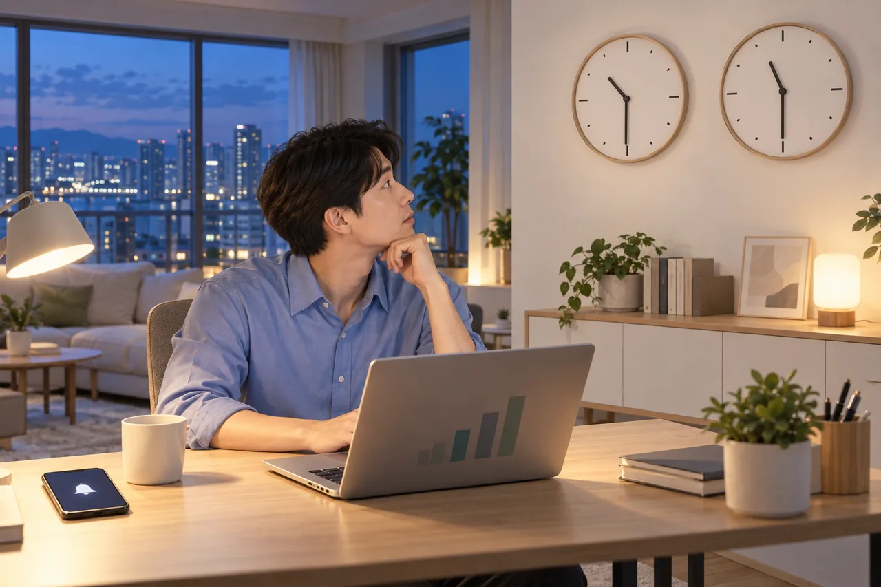 가상의 직장인이 저녁 거실 벽에 나란히 걸린 두 벽시계가 한 시간 차이 나는 것을 올려다보며 미국 서머타임 종료 후 개장 시각을 생각하는 삽화