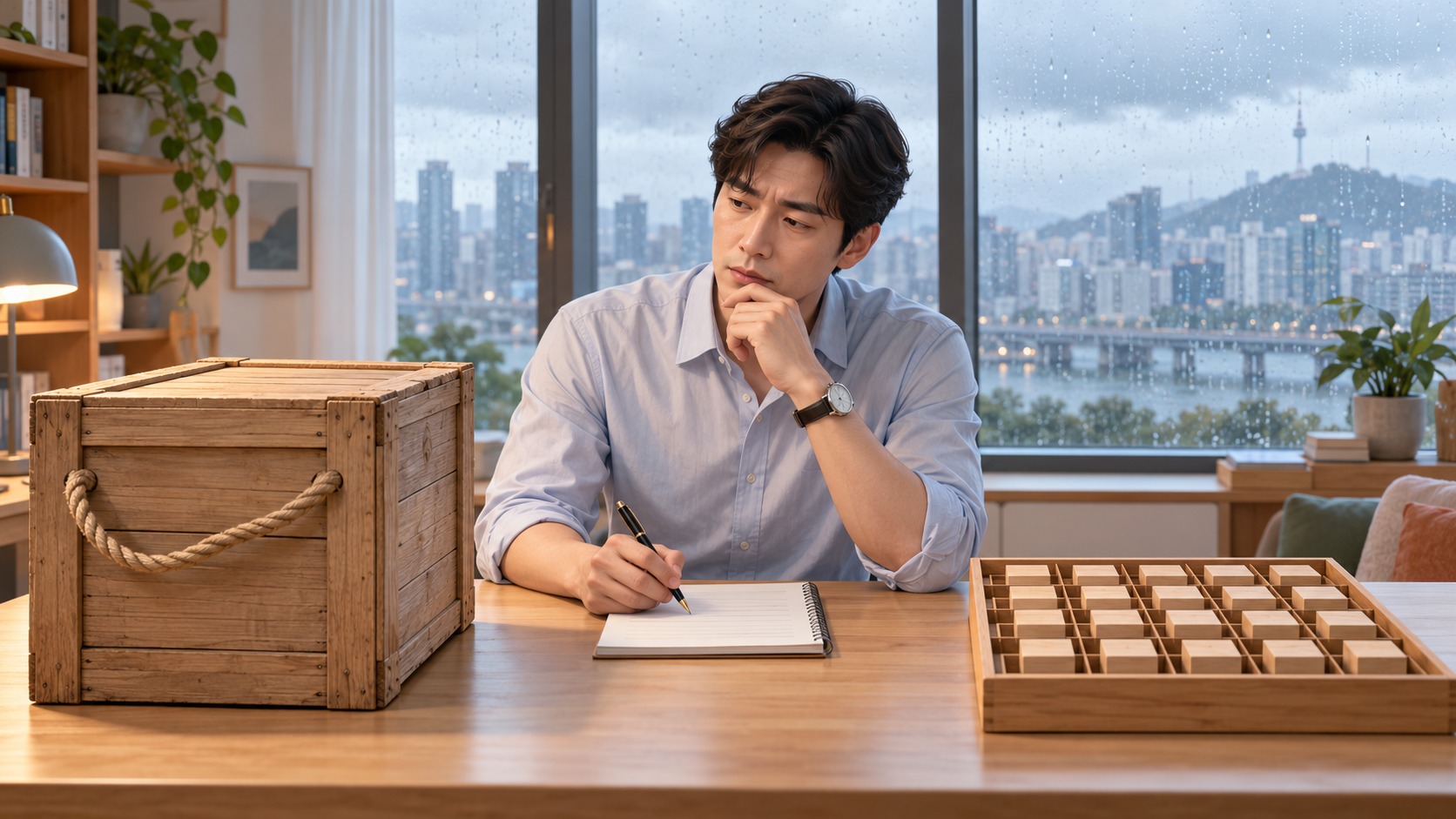 ETF 개별주식 안전성을 두고 직장인이 책상 위의 큰 나무 상자 하나와 작은 칸으로 나뉜 쟁반을 번갈아 보며 위험의 종류를 하나씩 따져 보는 삽화