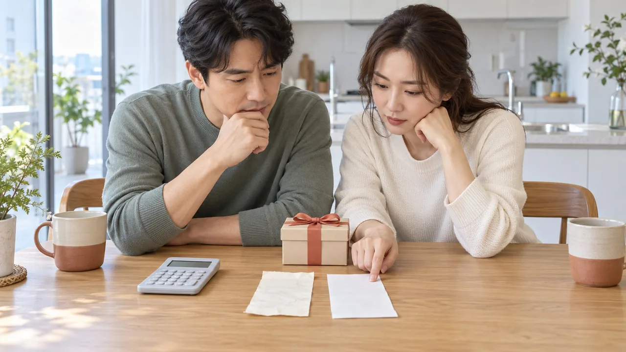 해외주식 증여 양도세를 두고 가상의 부부가 식탁 위 선물 상자와 영수증 두 장을 나란히 놓고 어느 영수증으로 계산할지 차분히 따져 보는 삽화