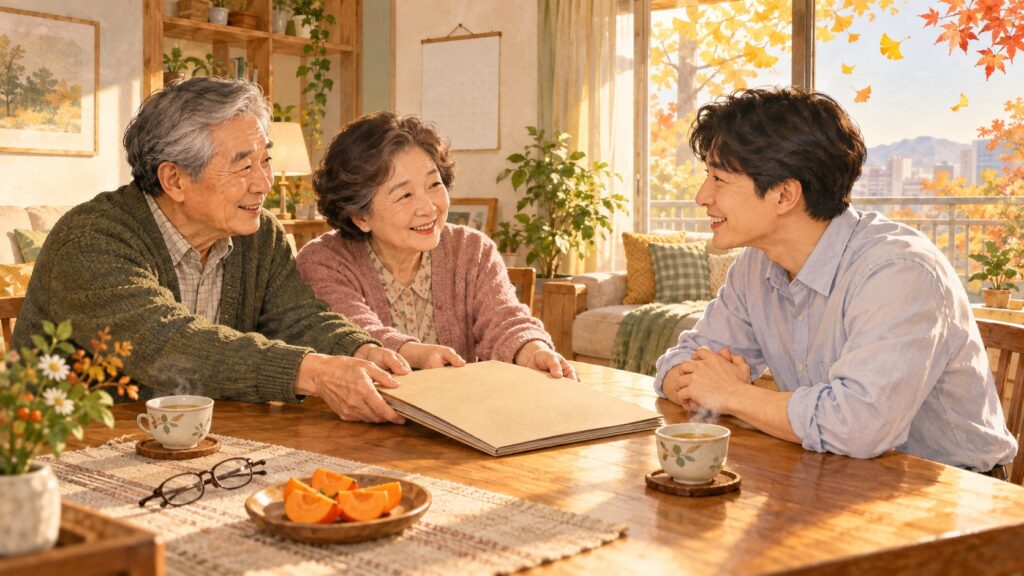 부모님 미국주식 기본공제를 앞두고 햇살 드는 거실 식탁에서 부모님과 직장인 자녀가 차를 마시며 연말정산 서류철을 함께 살펴보는 따뜻한 그림책 스타일 삽화